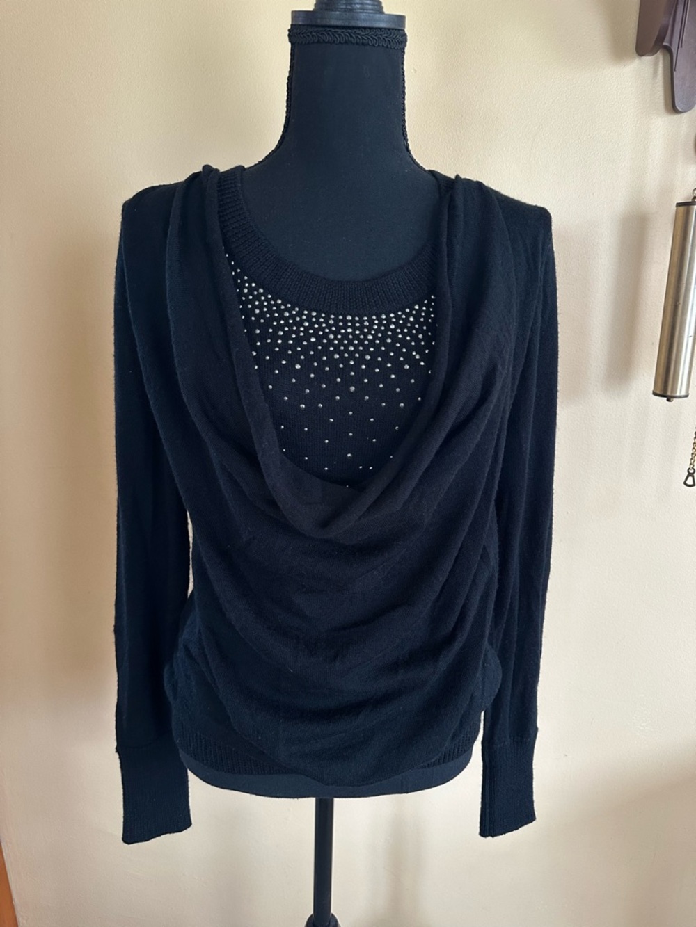 PINKO Draped Cowl Neck Rhinestone Top Women’s Size L Italian Designer Wool Blend